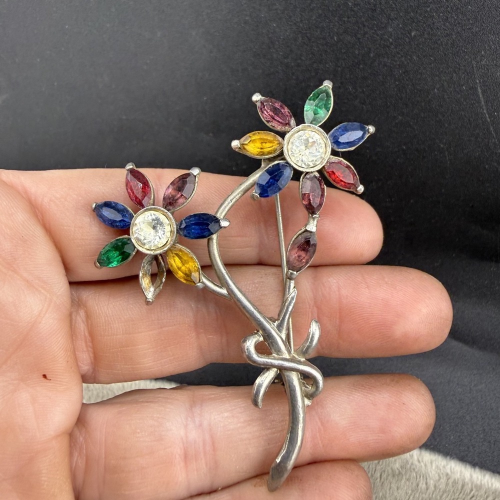 Vintage Estate Brooch Silver Tone Rhinestone Flower Multicolor Marquise